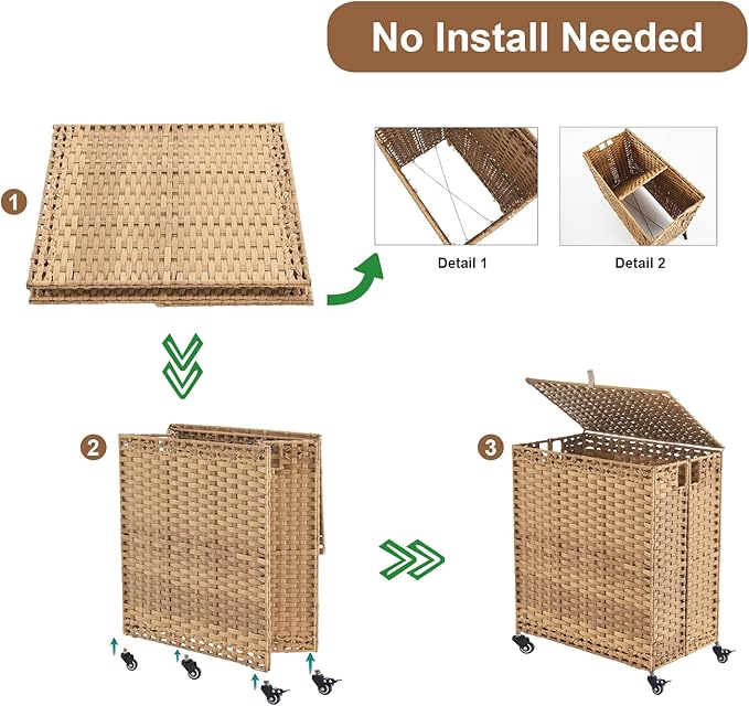 Laundry Hamper with Wheels&Lid, 50.2 Gallons(190L) Rolling Laundry Basket with Wheels, 3-Section Laundry Hamper, Handwoven Rattan Clothes Hamper with 6 Removable Liner& 3 Mesh Laundry Bags, Natural