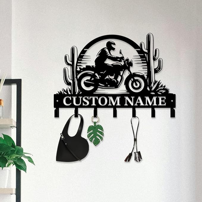 Custom Motorcycle Garage Metal Wall Hooks,Key Holder-Personalized Iron Wall Decor for Keys, Coats & Home (Black, Handmade,Decorative,Entryway, Bedroom,Man Cave) (Style D)
