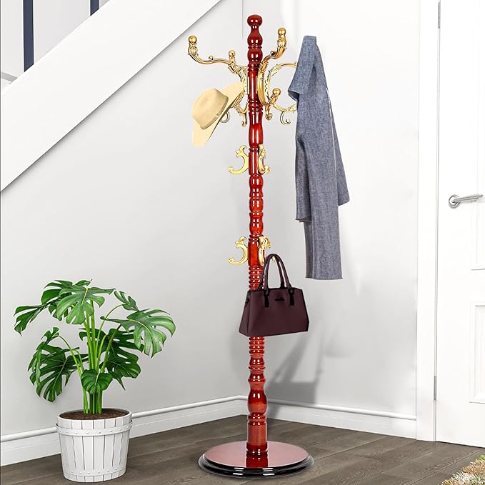 Wooden Coat Rack Freestanding, Vintage Solid Coat Hanger Stand 14 Hooks, Coat Tree Adjustable Height 73", Round Base, Coat Racks free standing (Begonia)