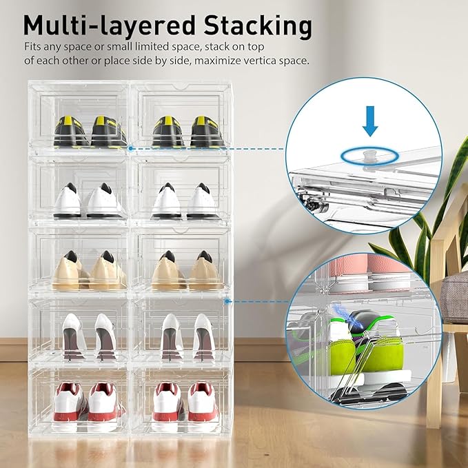 10 Pack Extra XX Large Hard Plastic Clear Stackable Shoe Storage Box Organizer for Closet, Thicken Sturdy Sneaker Shoe Rack Display Case Containers Bins with Lids and Magnetic Door, Clear