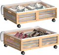 Under Bed Storage Containers with Wheels, Larger Bamboo Wood Under Furniture Storage Containers with Dust Bags，Rolling for Shoes Clothes