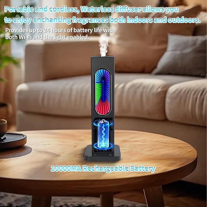 Waterless Scent Diffuser with APP WiFi Control, Portable Rechargeable Wireless Essential Oil Diffuser, Aroma Coverage 2152 Sq.Ft,2 * 50ML Hotel Collection Oils,Colorful Light for Home Largeroom