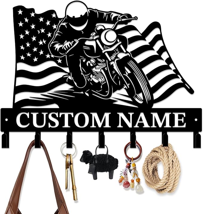 Custom Motorcycle Garage Metal Wall Hooks,Key Holder-Personalized Iron Wall Decor for Keys, Coats & Home (Black, Handmade,Decorative,Entryway, Bedroom,Man Cave) (Style F)