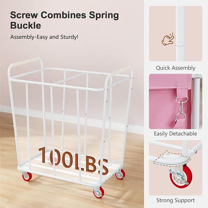 Hoctieon 2 Section Laundry Sorter Cart, 400L Rolling Hamper with Wheels, Industrial Laundry Basket Organizer, Extra Large Dirty Clothes Hamper for Home & Hotel, Heavy Duty, Pink+Beige