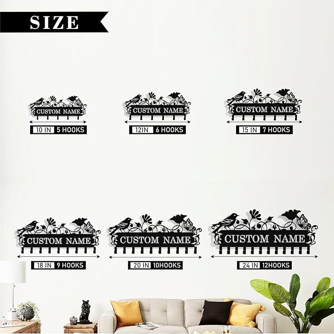 Personalized Bird Key Holder Wall Mount, Custom Metal Key Rack Key Holder with Name, Deer Cabin Wall Keys Hanger with Hooks for Entryway, Front Door, Hallway, Kitchen, Living Room