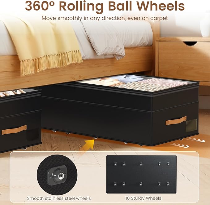 Under Bed Storage with Wheels, 2-Pack Underbed Storage Containers, No Assemble 11 inches 90L XXL Large Adjustable Storage Bins with Clear Lids, Rolling Storage for Clothes, Shoes, Blankets, Black