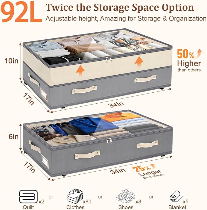 Dolicer 2 Pack Under Bed Storage with Wheels, 6in-10in Height Adjustable Underbed Storage Containers, 92L XXXL Under Bed Drawers Rolling Bin with Clear Lids for Dorm Shoes Clothes Organizers(Grey)