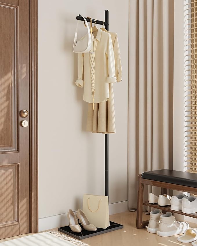 Yawinhe Metal Coat Rack, Coat Tree with Rock Base,L Shaped Freestanding Hall Tree, Clothes Hanger Stand Suitable for Bedroom, Hallway, Entrance,68.5 Inches High,Black,USMJ101B