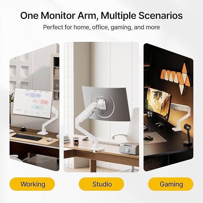 monTEK Single Monitor Arm for Max 45 Inch Ultrawide Screens Adjustable Monitor Desk Mount Holds 35 Lbs Cable Management with C Clamp/Grommet Desk Mount, VESA 75/100mm, MA1007WH