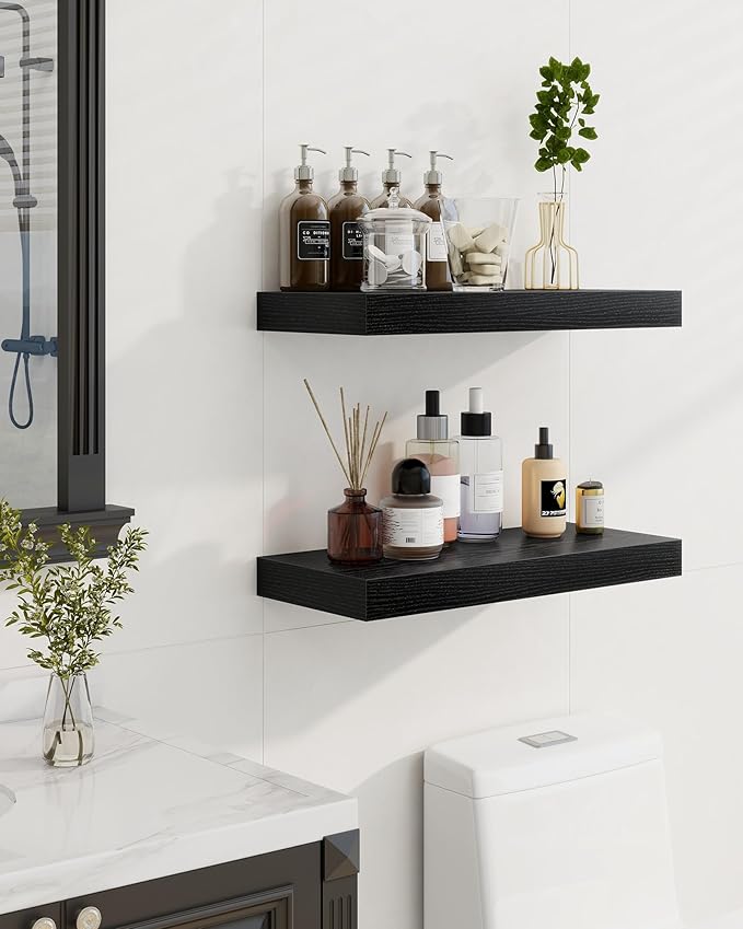 Marsmiles 24" Floating Shelves for Wall, Wooden Shelves with Invisible Brackets Set of 2, Rustic Farmhouse Wall Mounted Shelf for Kitchen Bathroom Living Room Study, Black