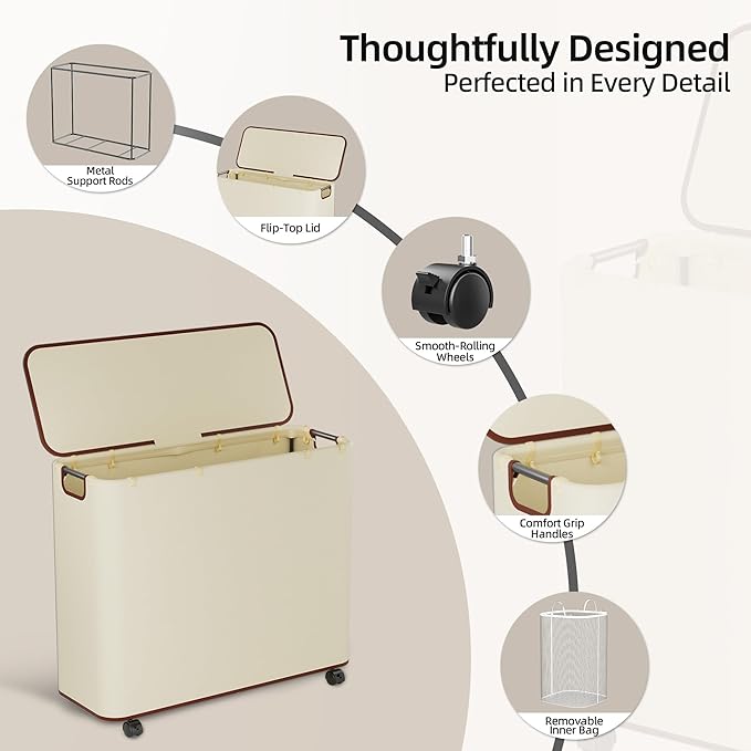 Yecaye 180L Laundry Basket With Lid and Removable 3 Bags, Large Rolling Laundry Hamper with Lid, 3 Section Rolling Clothes Storage With Wheels, Clothes Hamper with Wheels For Laundry Room, Beige