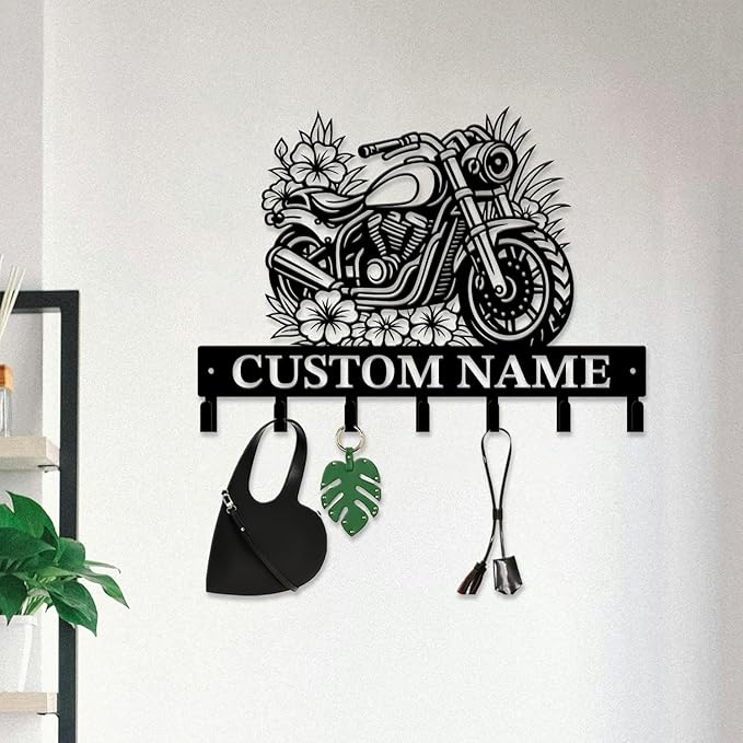 Custom Motorcycle Garage Metal Wall Hooks,Key Holder-Personalized Iron Wall Decor for Keys, Coats & Home (Black, Handmade,Decorative,Entryway, Bedroom,Man Cave) (Style C)