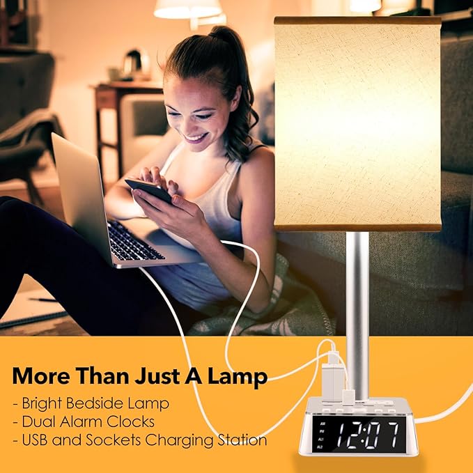 Yostyle Table Lamp Bedside Lamp with 4 USB Ports and AC Power Outlets, Alarm Clock Base w/ 5Ft Extension Cord, Square Oatmeal Fabric Lampshade Modern Accent Nightstand Lamps for Bedrooms Living Room