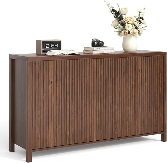 YOUDENOVA Fluted Buffet Cabinet with Storage, Modern Sideboard Cabinets with 4 Doors & Adjustable Shelves, Accent 56” Credenza Storage Cabinet, Wood Entryway Cabinet for Living Room Hallway, Brown