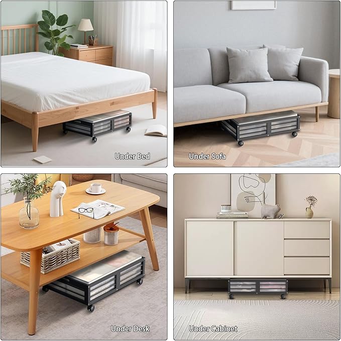 Under Bed Storage Containers with Wheels, Larger Bamboo Wood Under Furniture Storage Containers with Dust Bags，Rolling for Shoes Clothes