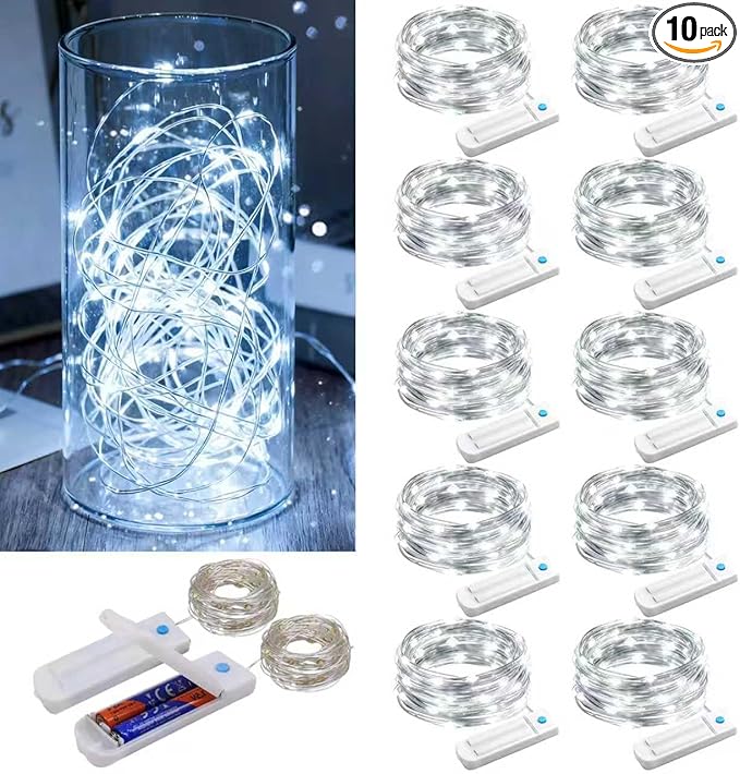 ZNYCYE 10 Pack Fairy Lights Battery Operated，10ft 30 LED String Lights 8 Modes with Timer Waterproof Fairy Lights for DIY Wedding Party Bedroom Mason Jars Christmas Decorations (Cool White)