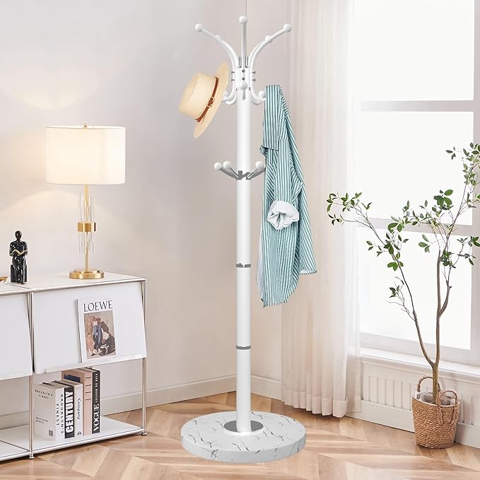 ZOZOE Metal Coat Rack Stand, Modern Coat Rack Freestanding with Natural Marble Base, 360° Rotary Design Coat Racks with 14 Hooks,White Coat Tree Hanger Stand for Bags,Hats,Entryway,Office