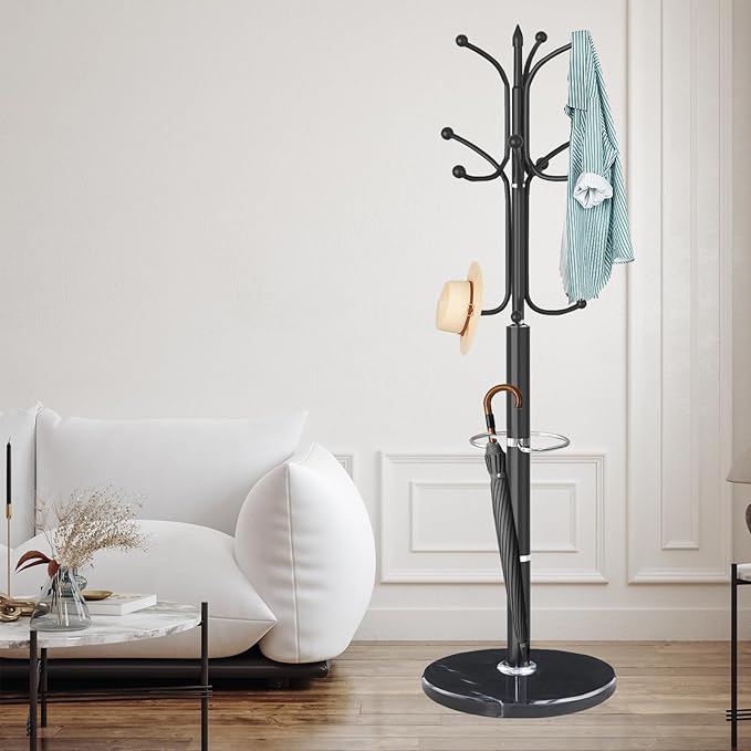 ZOZOE Metal Coat Rack Stand, Modern Coat Rack Freestanding with Natural Marble Base, Sturdy Coat Racks with 12 Hooks & Umbrella Holder,Black Coat Tree Hanger Stand for Bags,Hats,Entryway,Office