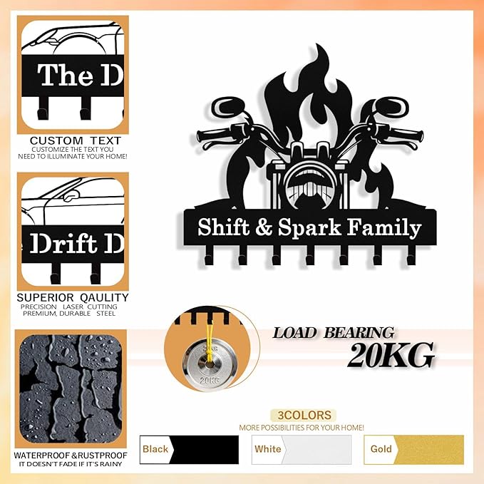 Personalized Flaming Motoclycle Key Holder Wall Mount, Custom Metal Key Rack Key Holder with name, Deer Cabin Wall Keys Hanger with Hooks for Entryway, Front Door, Hallway, Kitchen, Living Room