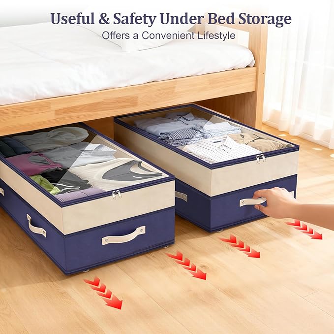 Dolicer 2 Pack Under Bed Storage with Wheels, 6in-10in Height Adjustable Underbed Storage Containers, 92L XXXL Under Bed Drawers Rolling Bin with Clear Lids for Dorm Shoes Clothes Organizers(Blue)