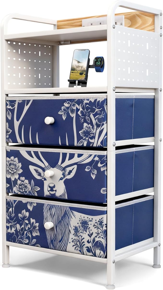 YCY Nightstand with Charging Station, Sturdy Metal Frame Bedside Table, 3 Wax-Dyed Fabric Drawers, Open Storage Shelf, Built-in USB Ports and Dual Outlets for Bedrooms,Living Room