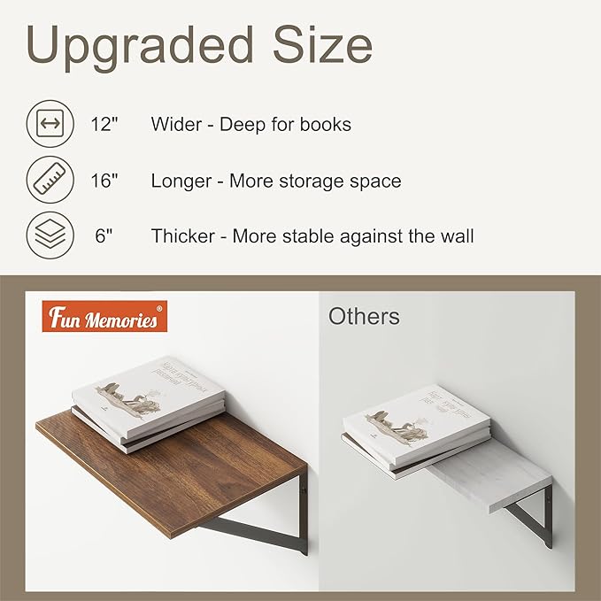 Walnut Floating Shelves Set of 2 - 16"W x 12"D Wide Display Ledges for Bedroom, Bathroom - 12 Deep Bookshelf Wall Mounted