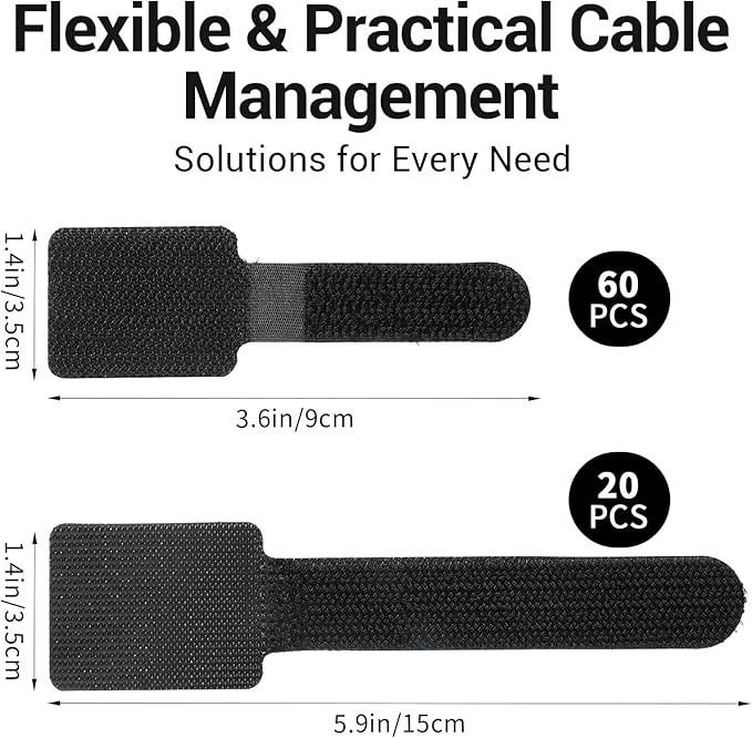 Heavy Duty Self-Adhesive Cable Clips, 80PCS Under Desk Cable Management Kit with Hook & Loop Ties, Reusable Cord Organizer for Home Office, Computer, TV Wires