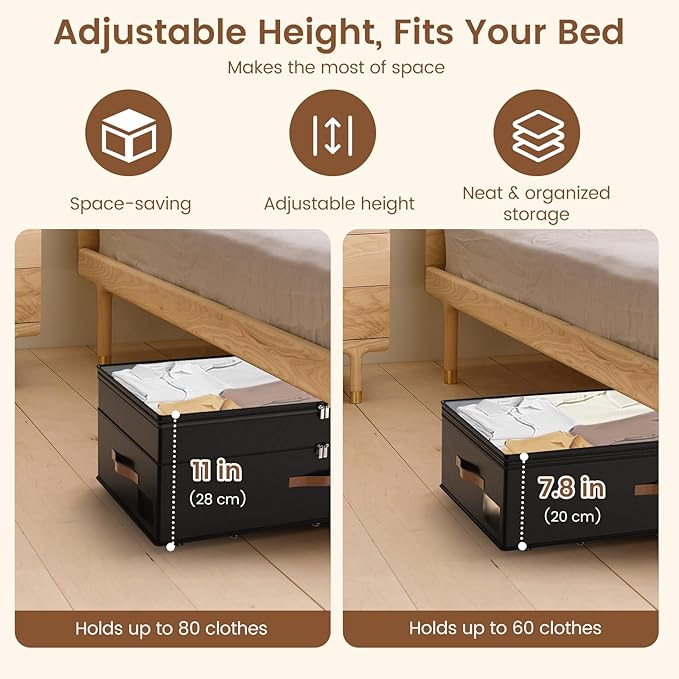 Under Bed Storage with Wheels, 2-Pack Underbed Storage Containers, No Assemble 11 inches 90L XXL Large Adjustable Storage Bins with Clear Lids, Rolling Storage for Clothes, Shoes, Blankets, Black