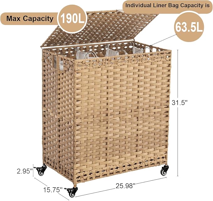 Laundry Hamper with Wheels&Lid, 50.2 Gallons(190L) Rolling Laundry Basket with Wheels, 3-Section Laundry Hamper, Handwoven Rattan Clothes Hamper with 6 Removable Liner& 3 Mesh Laundry Bags, Natural