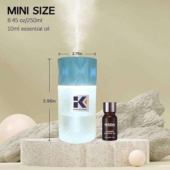 Essential Oil Diffuser with Night Light, 250ml Home Humidifier with Negative Ions, 3 Mode Ultrasonic Cool Mist Aroma Machine with 10ml Essential Oil (Blue, Sandwood)