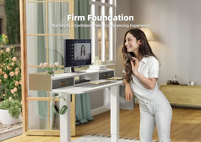 YDN Electric Standing Desk with Drawers, Adjustable Height Stand Up Desk, 48 inch Electric Sit Stand Computer Desk for Home Office, White