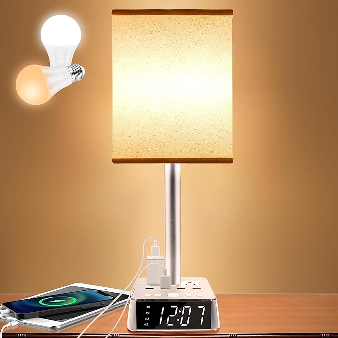 Yostyle Table Lamp Bedside Lamp with 4 USB Ports and AC Power Outlets, Alarm Clock Base w/ 5Ft Extension Cord, Square Oatmeal Fabric Lampshade Modern Accent Nightstand Lamps for Bedrooms Living Room