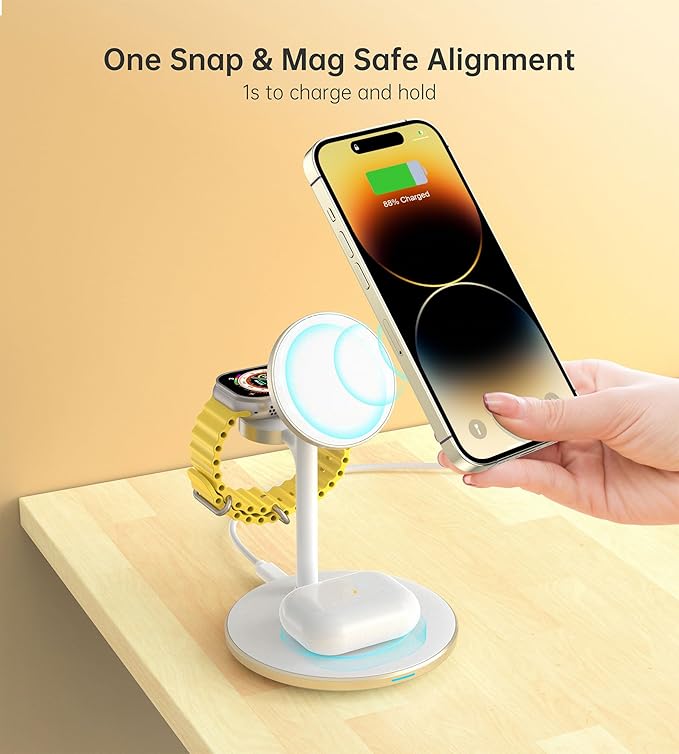 XooFly 3 in 1 Wireless Charging Station for Apple Devices, Fast Wireless Mag-Safe Charger Stand with 20W Adapter for iPhone 17/16 15 14 13 12 Pro Max/Pro/Plus/Air/Mini, iWatch, AirPods (Gold)