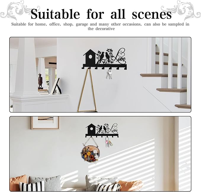 Metal Key Holder, Wall Mounted Key Hooks, Key Holder for Wall, Key Organizer Rack with 7 Hooks, Key Hanger Decor for Kitchen, Entryway, Hallway, Bedroom, Doorway (House Bird 12IN)