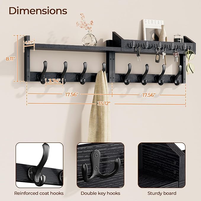 Evermagin 35" Coat Rack Wall Mount with Shelf, 4 in 1 Coat and Key Hanger with 13 Metal Hooks, Entryway Wall Mounted Shelf with Mail Holder for Living Room, Bedroom, Black