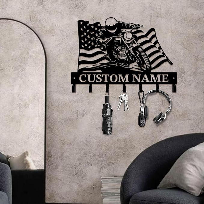 Custom Motorcycle Garage Metal Wall Hooks,Key Holder-Personalized Iron Wall Decor for Keys, Coats & Home (Black, Handmade,Decorative,Entryway, Bedroom,Man Cave) (Style F)