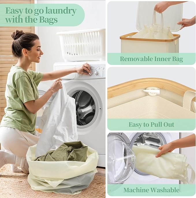 Yecaye 100L Large Capacity Laundry Hamper – Foldable Rolling Laundry Basket, Mobile Clothes Hamper with Wheels, Removable Inner Bag, Bamboo Handle Lid Laundry Bin – Multi-Use Storage,Beige