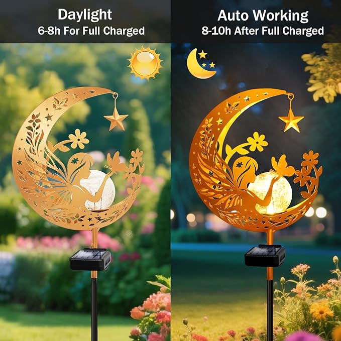 YJFWAL Garden Solar Fairy Lights Pathway Stake Lights Glass Globe with Moon Cat Decor, Christmas Gift for Mom Grandma Friends, Outdoor Decor Light Waterproof for Walkway, Patio or Garden (Warm White)