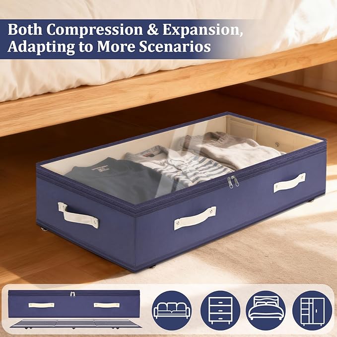 Dolicer 4 Pack Under Bed Storage with Wheels, 6in-10in Height Adjustable Underbed Storage Containers, 92L XXXL Under Bed Drawers Rolling Bin with Clear Lids for Dorm Shoes Clothes Organizers(Blue)
