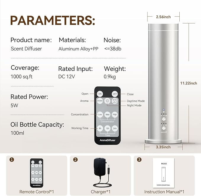 Waterless Scent Diffuser - Cold Air Essential Oil Diffusers Machine Covers up 600 sq.ft Large Room,Button/Remote/Bluetooth Control for Home Hotel Office,Fragrance Not Included,Silver