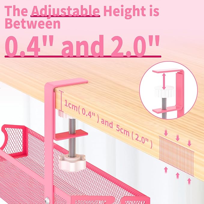 Under Desk Cable Management Tray Black, No Drill Desk Cable Wire Management Organizer with Clamp, PC Cord Organizer Accessories & Workspace for Office, Home（Pink）