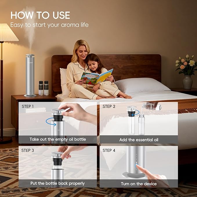 Waterless Scent Diffuser Kit-Include 2x120ml Essential Oils, Essential Oil Diffuser for Home, Hotel & Office, APP&Remote Control, Quiet Operation, Pets and Kids Friendly, Coverage 1000 Sq Ft