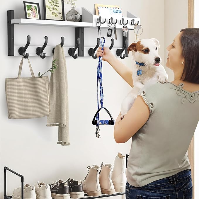 Evermagin 29" Coat Rack Wall Mount with Shelf, 4 in 1 Coat and Key Hanger with 11 Metal Hooks, Entryway Wall Mounted Shelf with Mail Holder for Living Room, Bedroom, White