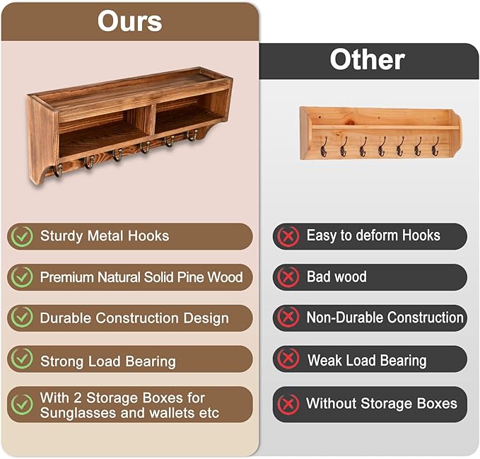 Key Holder Wall Mount - Mail Organizer Wall Mount with 6 Key Hooks and Storage Box for Sunglasses Storage and Dog Leash Holder Home Decor Rack Apartment Essentials Farmhouse Shelf Entryway Organizer