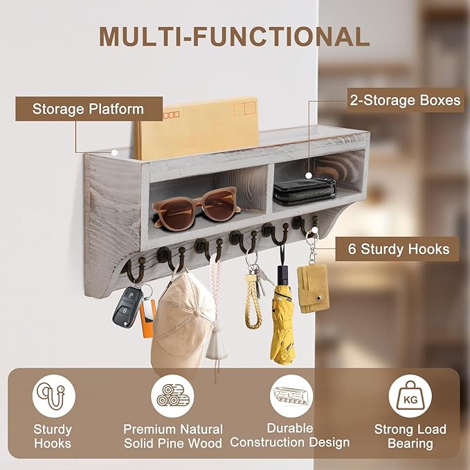 Key Holder Wall Mount - Mail Organizer Wall Mount with 6 Key Hooks and Storage Box for Sunglasses Storage and Dog Leash Holder Home Decor Rack Apartment Farmhouse Shelf Entryway Organizer (White)