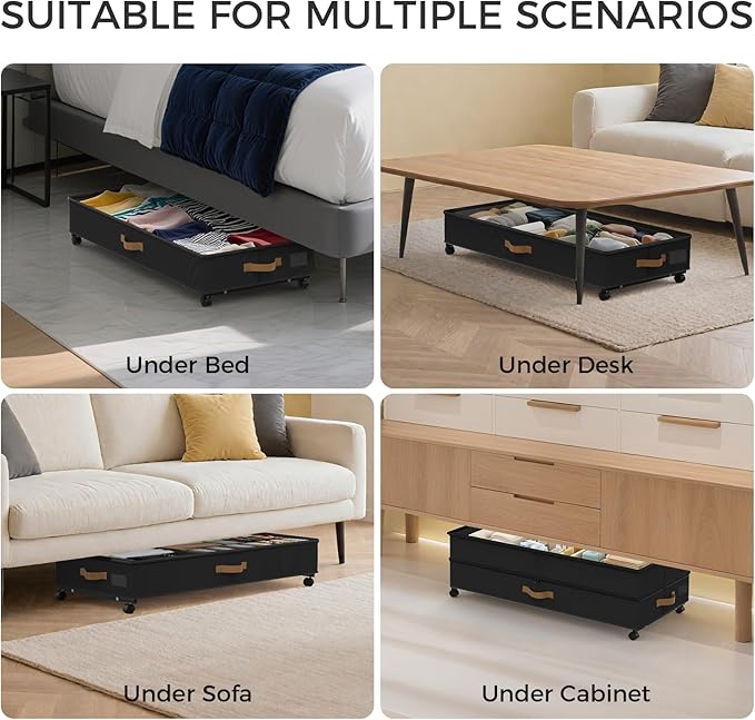 Under Bed Storage with Wheels 4-Pack, 75L XXL Under the Bed Storage Containers Large, 12" Tall Adjustable Storage for Underbed with Lids, Rolling for Shoes, Clothes, Blankets (4PCS-Black)