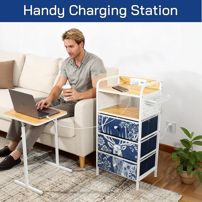 YCY Nightstand with Charging Station, Sturdy Metal Frame Bedside Table, 3 Wax-Dyed Fabric Drawers, Open Storage Shelf, Built-in USB Ports and Dual Outlets for Bedrooms,Living Room