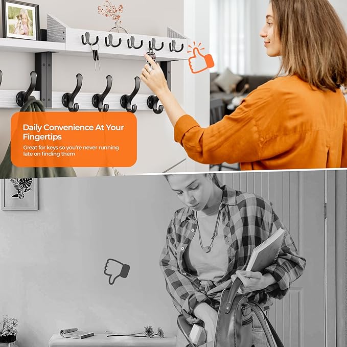 Evermagin 35" Coat Rack Wall Mount with Shelf, 4 in 1 Coat and Key Hanger with 13 Metal Hooks, Entryway Wall Mounted Shelf with Mail Holder for Living Room, Bedroom, White