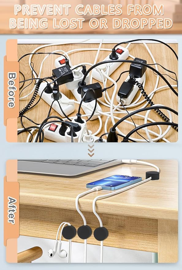 Maveek 5 Pcs Magnetic Cord Holder Cable Management, Strong Cable Clips Magnets Metal Plate, Adhesive Wire Organizers for Nightstand Desktop Wall Kitchen USB LAN (Black)
