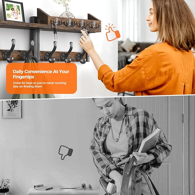 Evermagin 29" Coat Rack Wall Mount with Shelf, 4 in 1 Coat and Key Hanger with 11 Metal Hooks, Entryway Wall Mounted Shelf with Mail Holder for Living Room, Bedroom, Rustic Brown